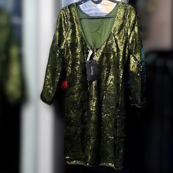 New Sequined Shift Tunic  Above the Knee-length Dress w/ 3-quarter Sleeves - Picture 2 of 4